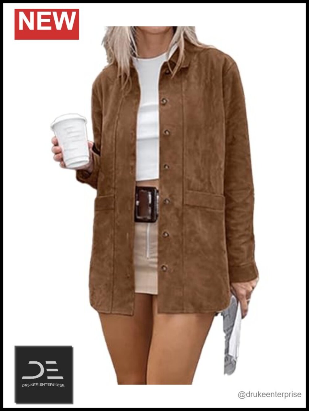 Faux Suede Leather Jacket Button Down Midi Shacket Coat
